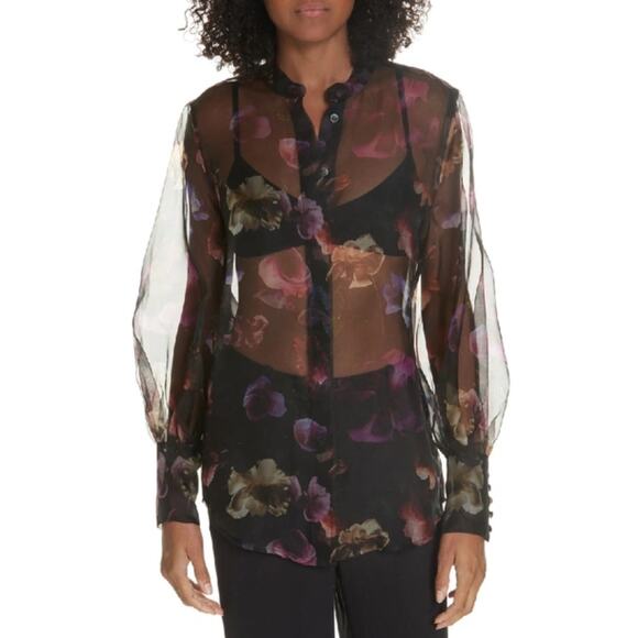 NWT Equipment Boleyn Button Front Floral Sheer Silk Blouse In True Black Multi S - Picture 1 of 7